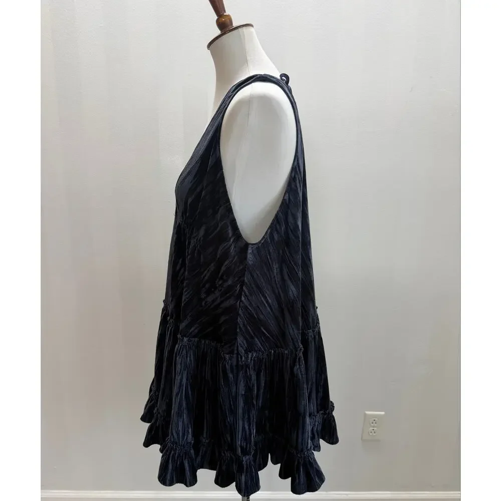 Free People Blue Velvet Tunic Top Boho Tiered Ruffle Deep V Back Tie Sz S